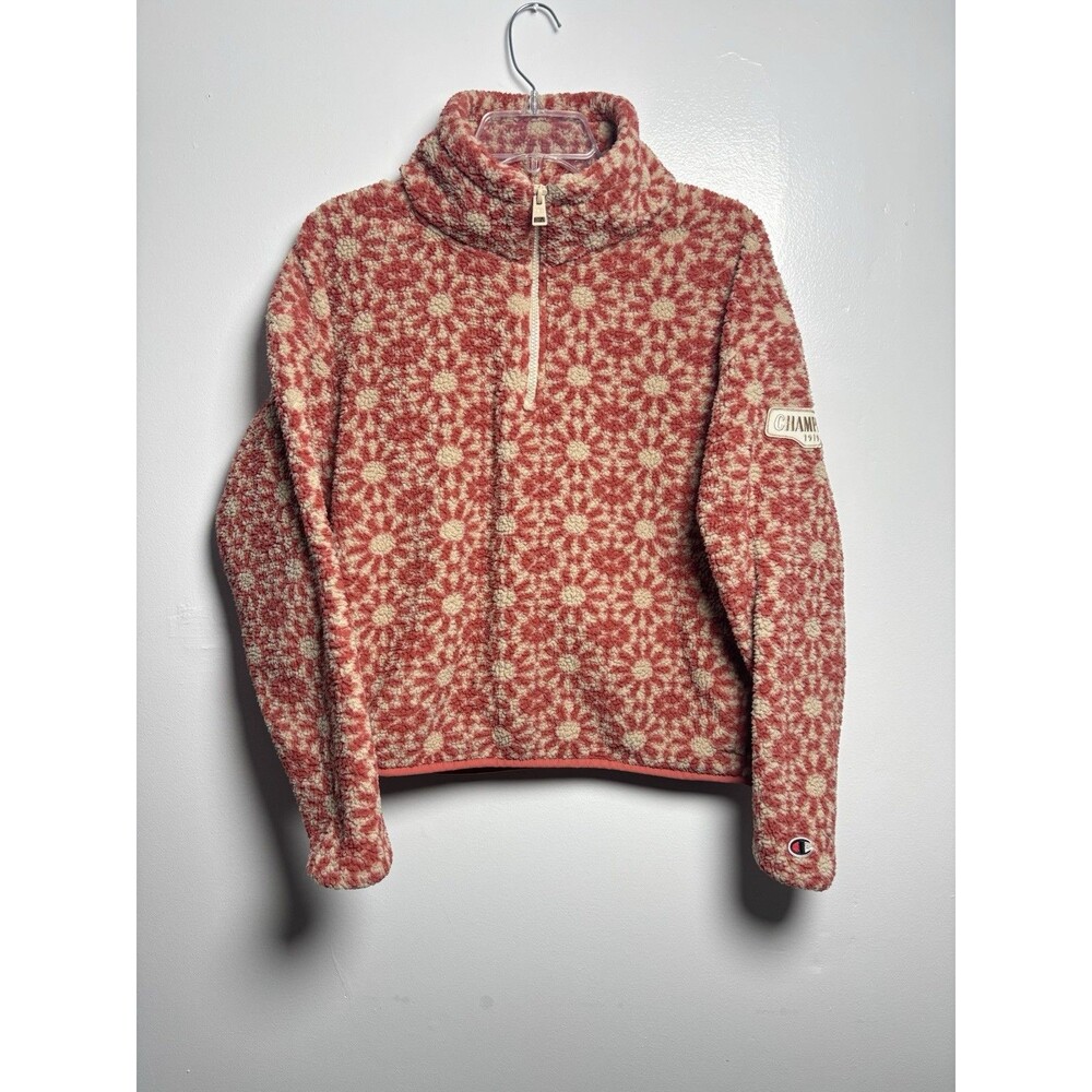 Champion Red & Cream Fleece Pullover 1/4 Zip Floral Pattern Women’s M